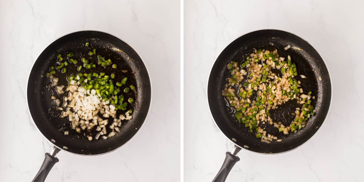 Side by side photos of sautéing onions, green bell pepper and garlic.