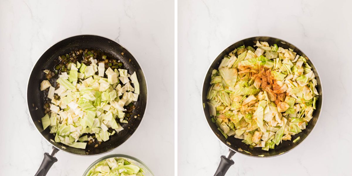 Chopped cabbage added to the skillet with Cajun seasoning.