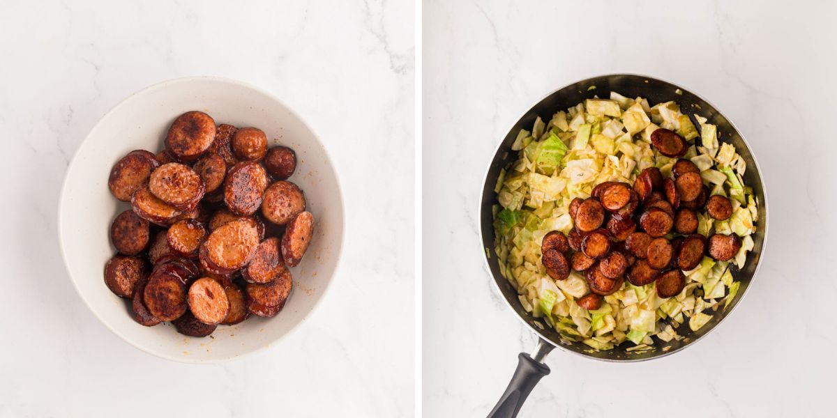 Side by side photos of seared sliced sausage added to the cabbage mixture in a skillet.