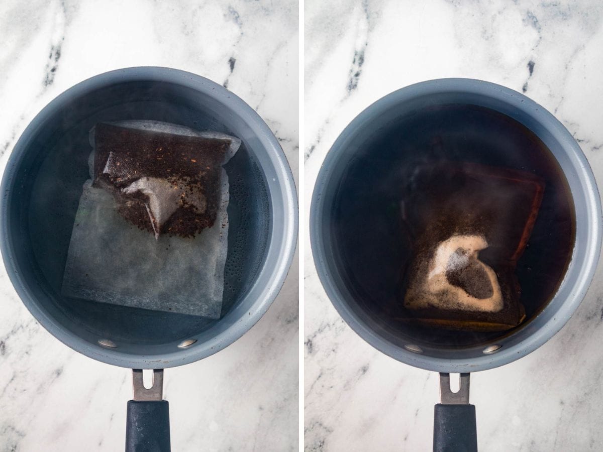 Side by side photos of steeping the black tea in boiling water.
