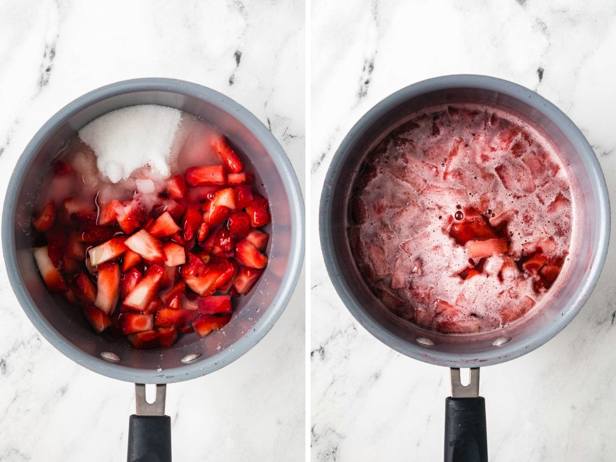 Side by side photos of making the strawberry syrup with fresh strawberries and sugar.