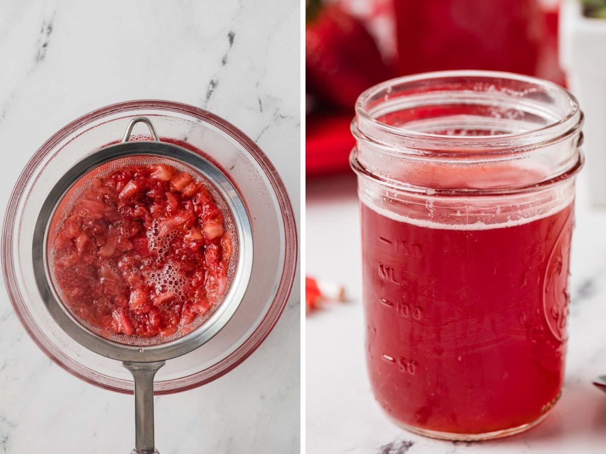 Side by side photos of straining the strawberry syrup and storing it in a jar.