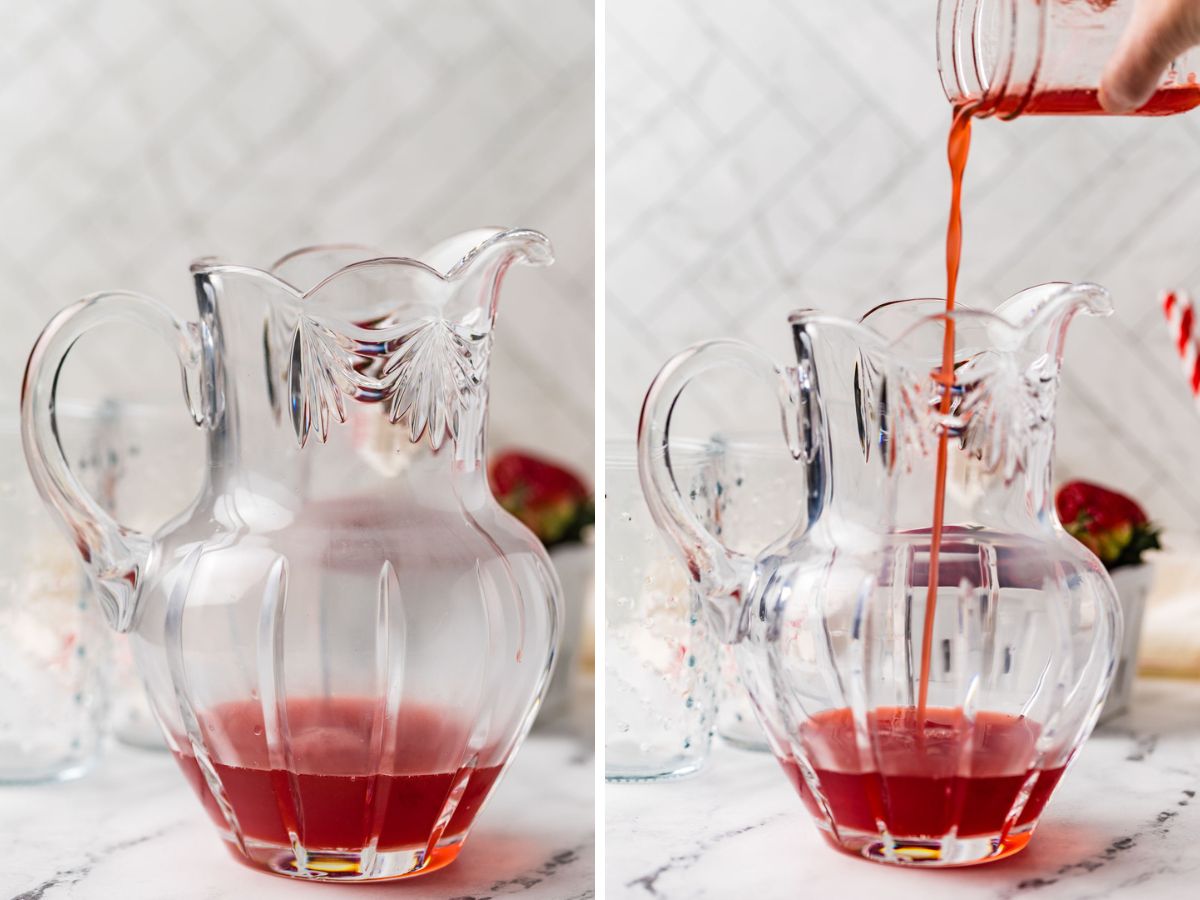 Side by side photos of pouring the strawberry syrup into a pitcher.