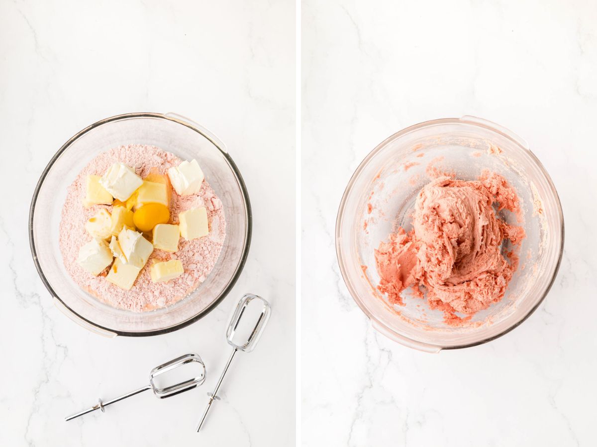 A side-by-side image of ingredients for a cake batter and them being mixed together.