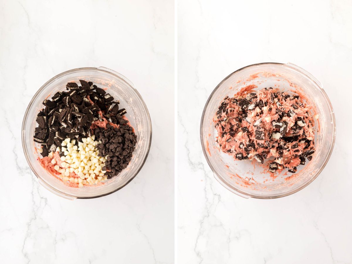 Oreo chunks and chocolate chips added to cookie batter.
