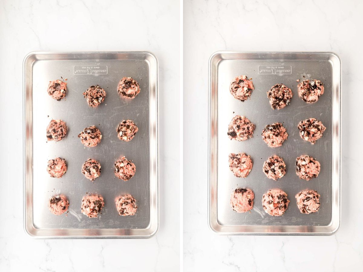 Cookie dough balls on a baking sheet  before and after they are baked.
