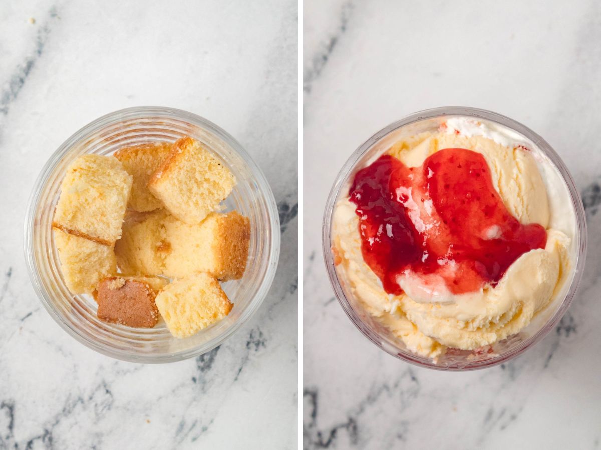 Side by side photos of assembling the sundae with pound cake, ice cream and strawberry topping.