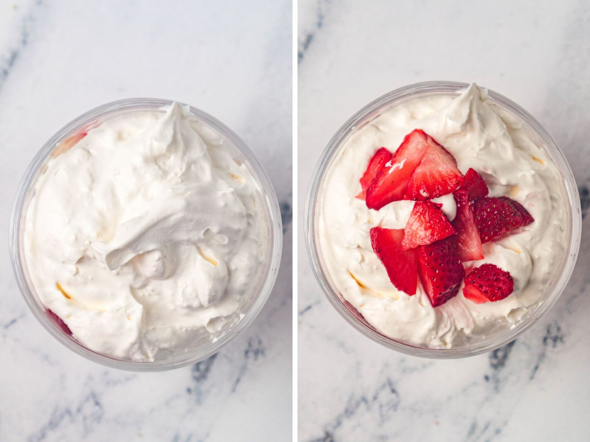 Topping off the sundae with whipped topping and sliced strawberries.