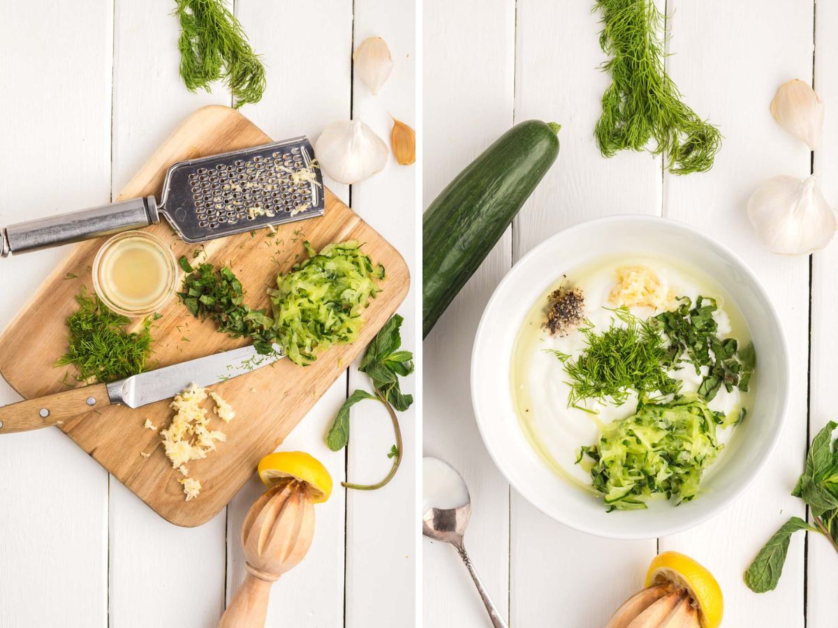 Side by side photos of prepping the tzatziki ingredients and adding them to a bowl.