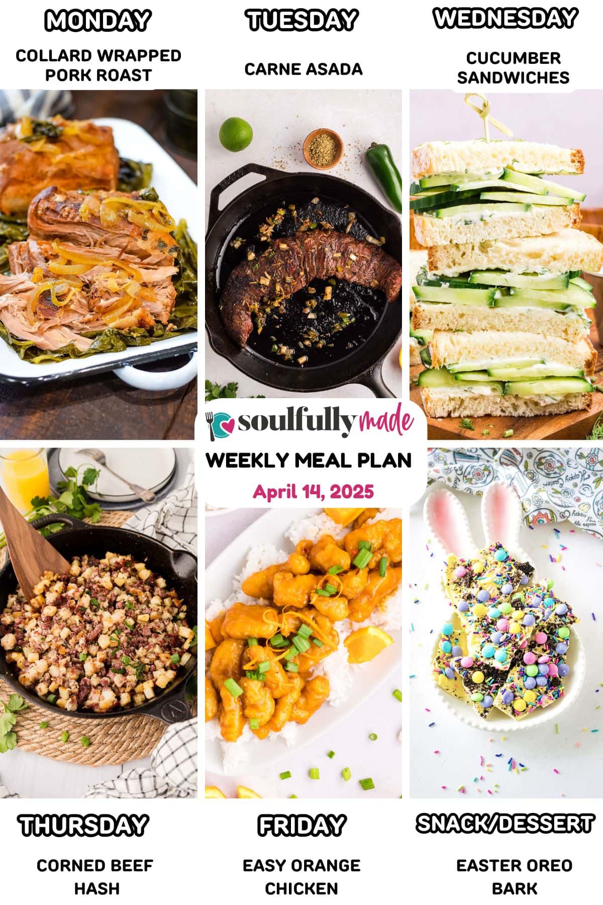 Weekly meal plan graphic for April 14, 2025.