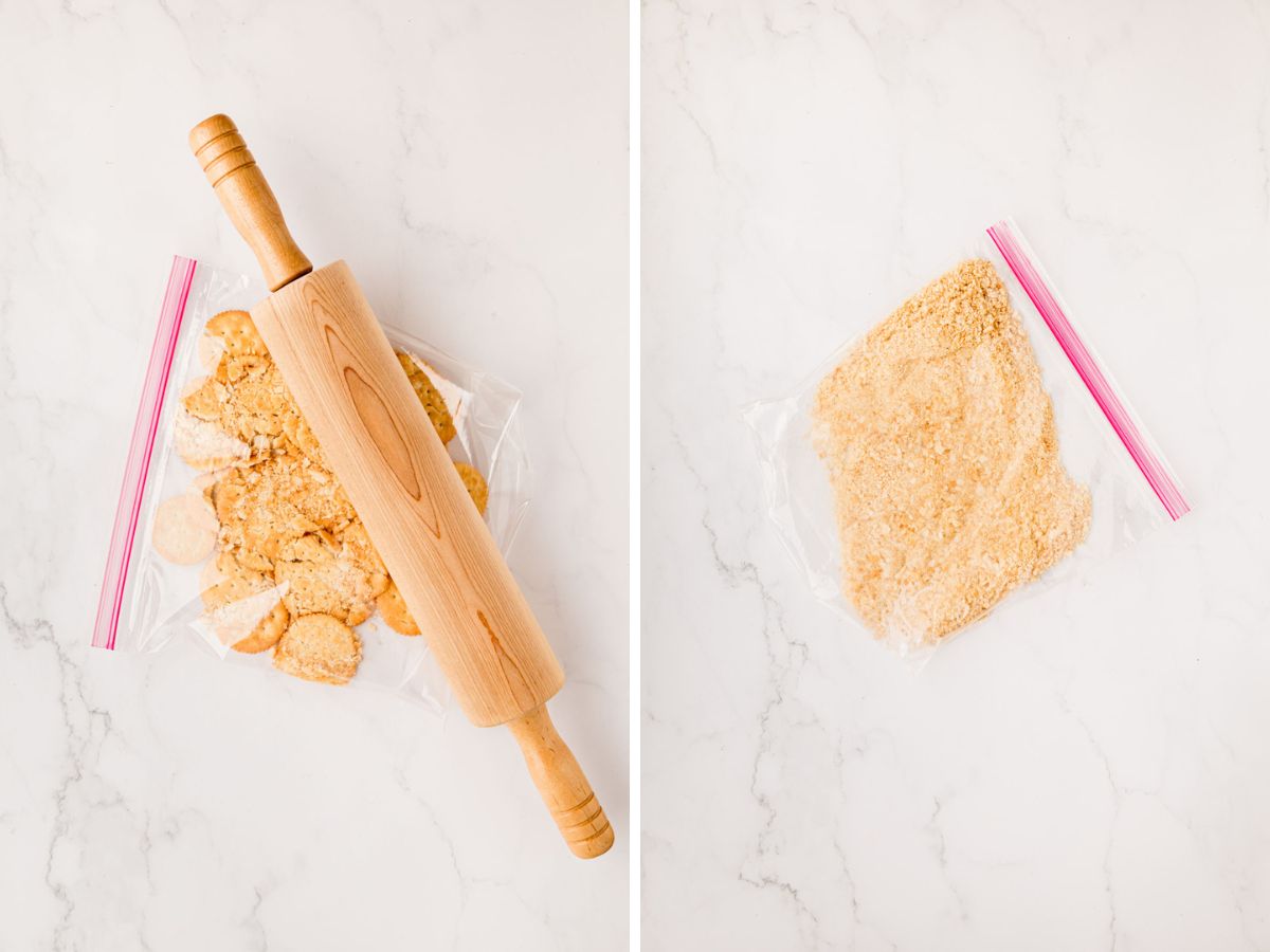 Side by side photos of using a rolling pin to crush crackers in a bag.