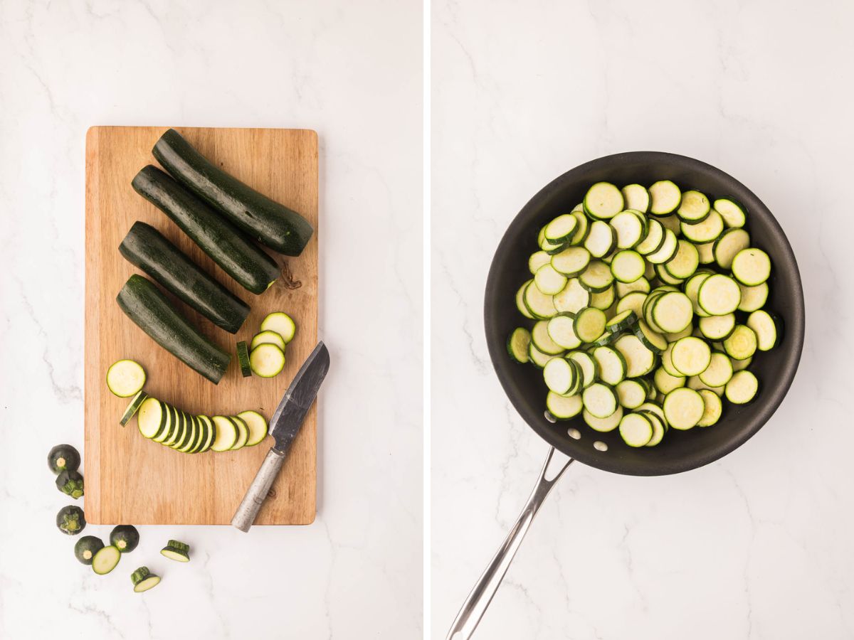 Side by side photos of chopping the zucchini and adding it into a skillet.