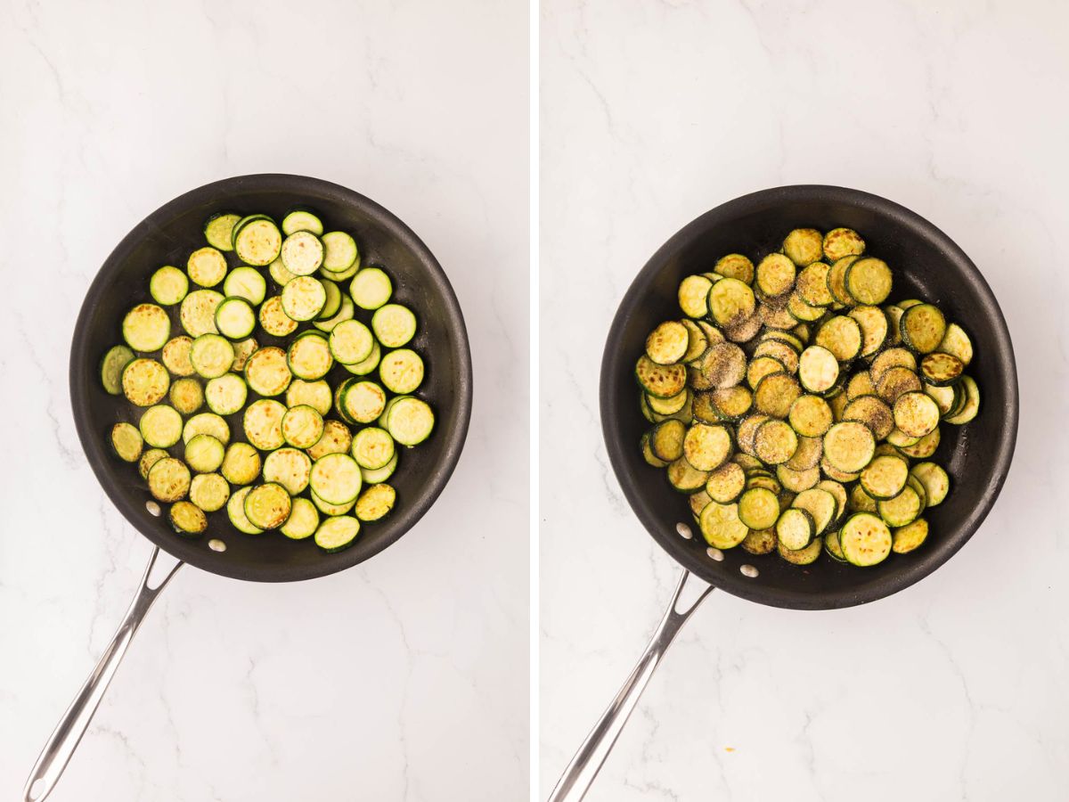 Side by side photos of searing the zucchini and seasoning it in a skillet.