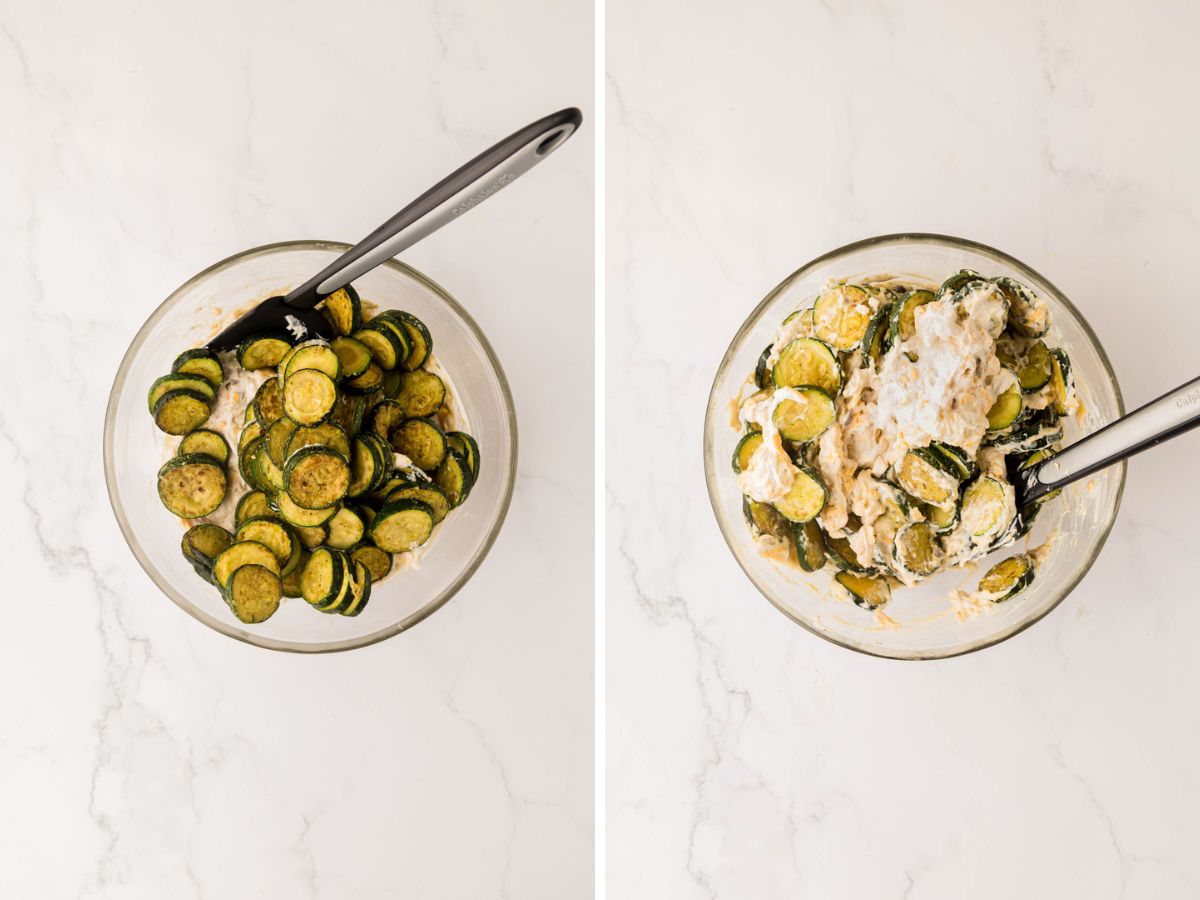 Side by side of mixing the zucchini and cheesy filling in a bowl.