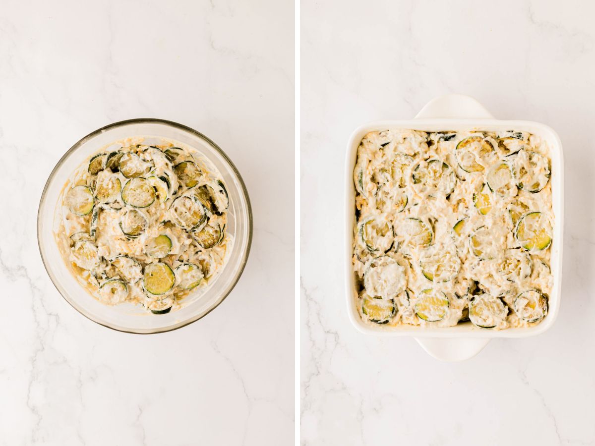 Side by side photos of placing the zucchini filling into a baking dish.