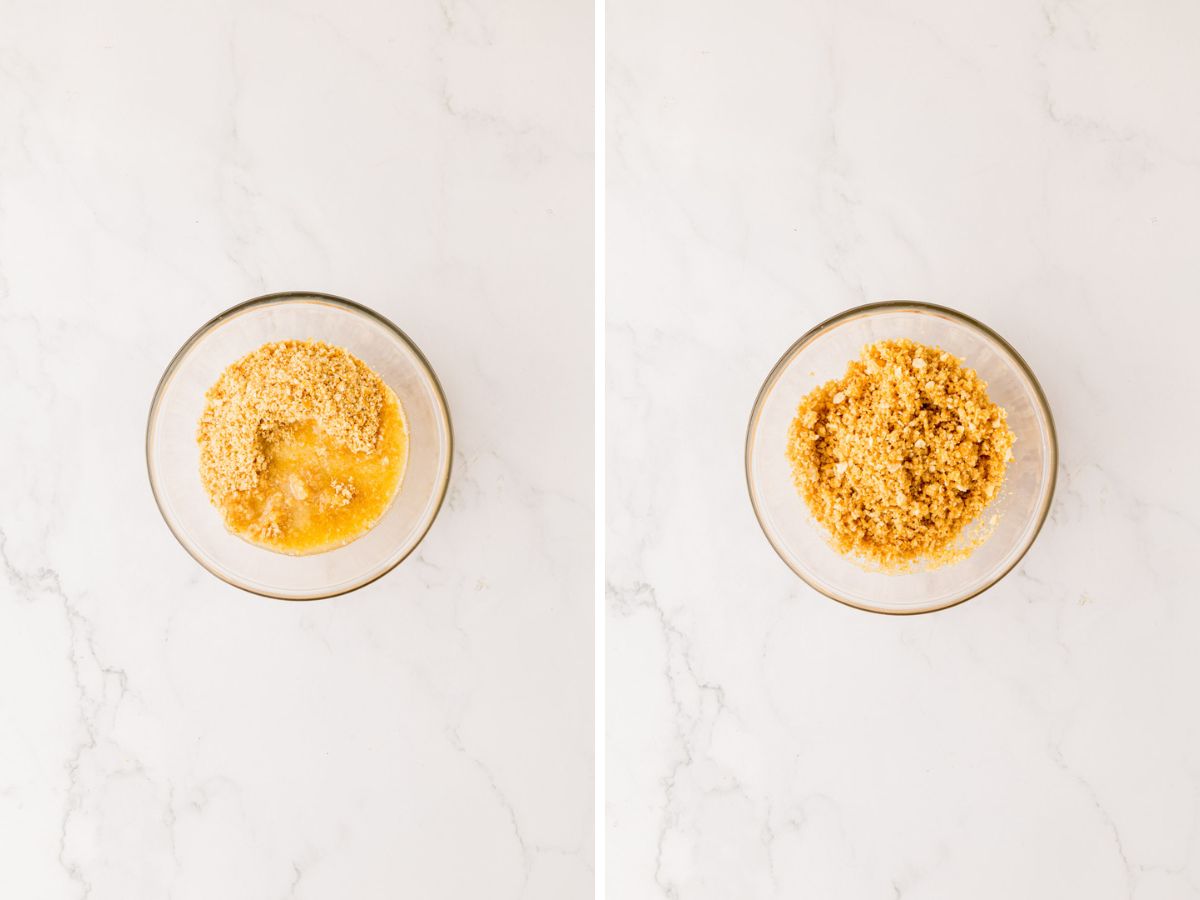 Side by side photos of combining the crushed crackers with melted butter.