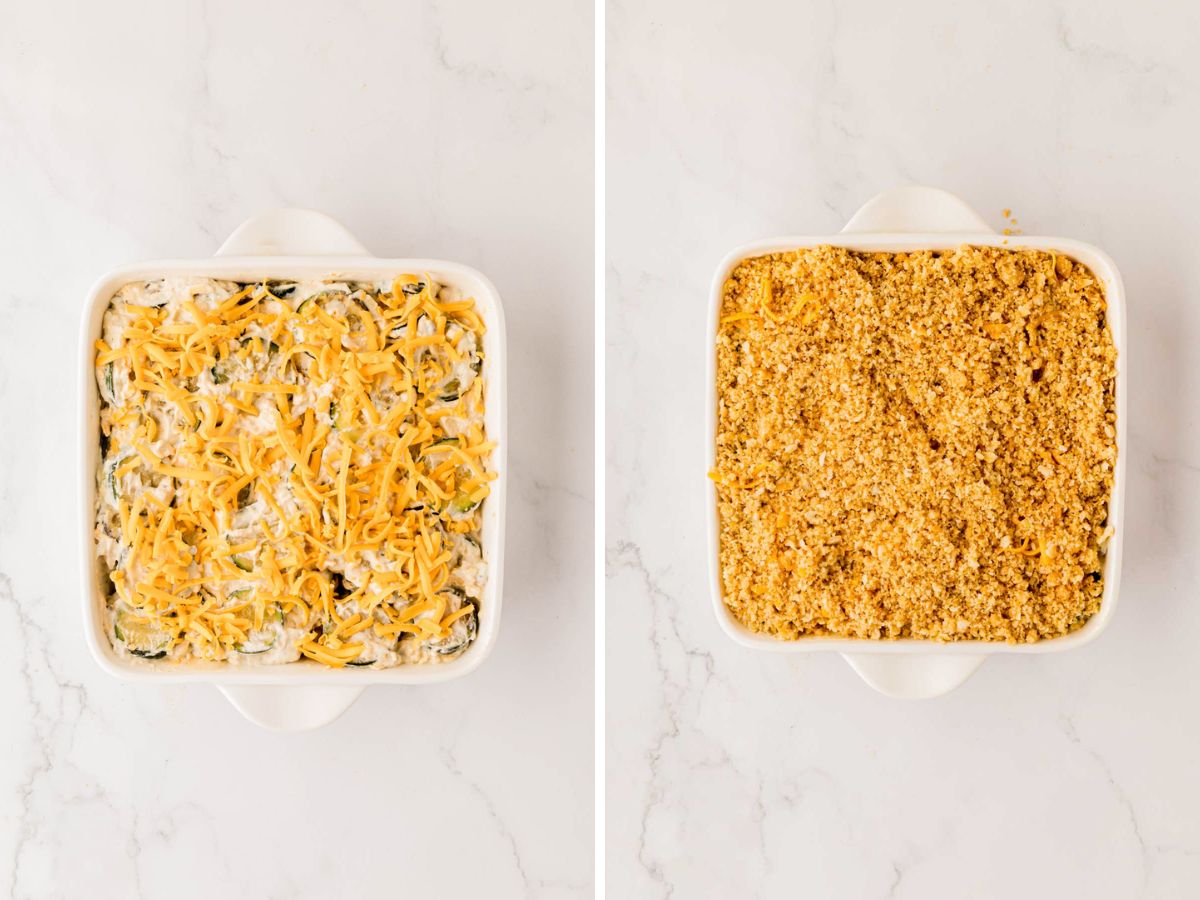 Topping off the zucchini casserole with shredded cheddar cheese and crushed crackers.
