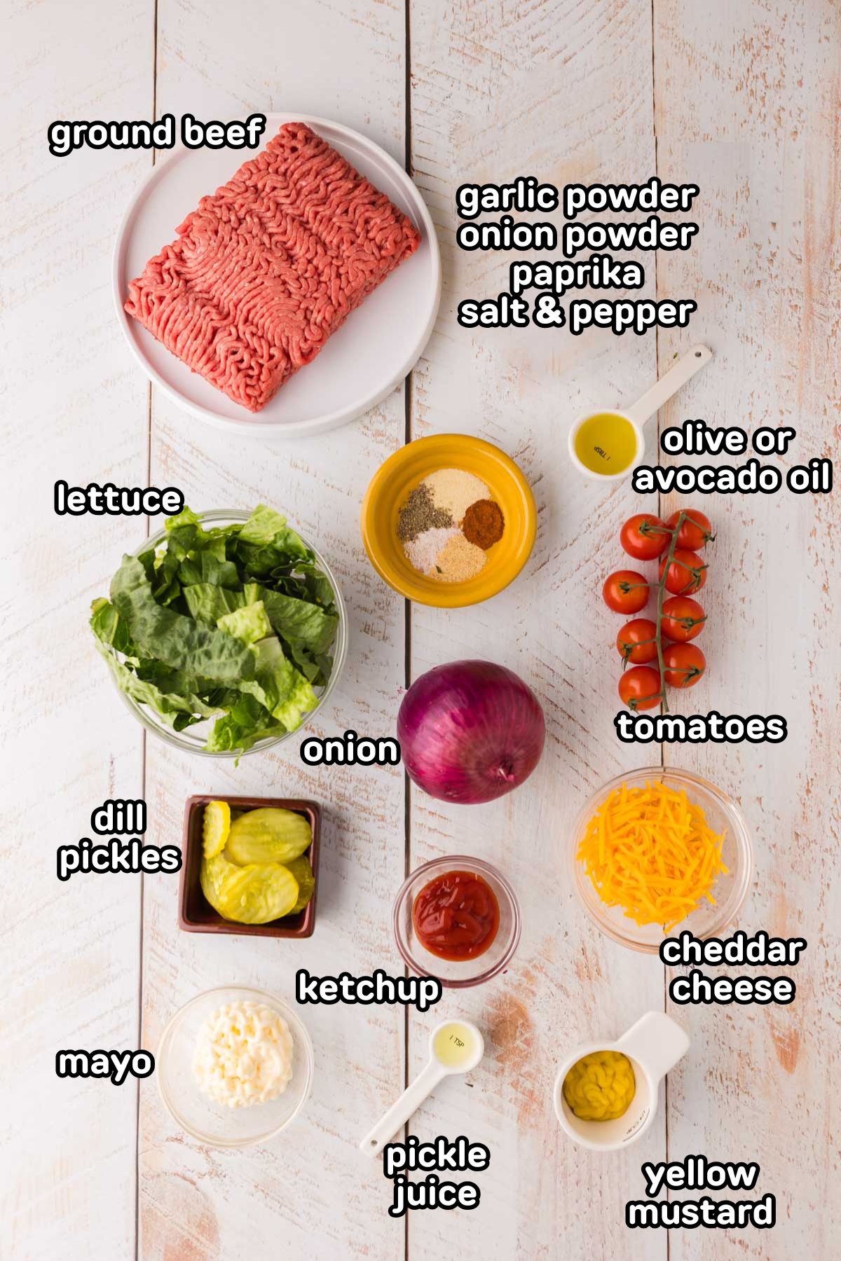 Ingredients needed to make big mac salad in a labeled photo.