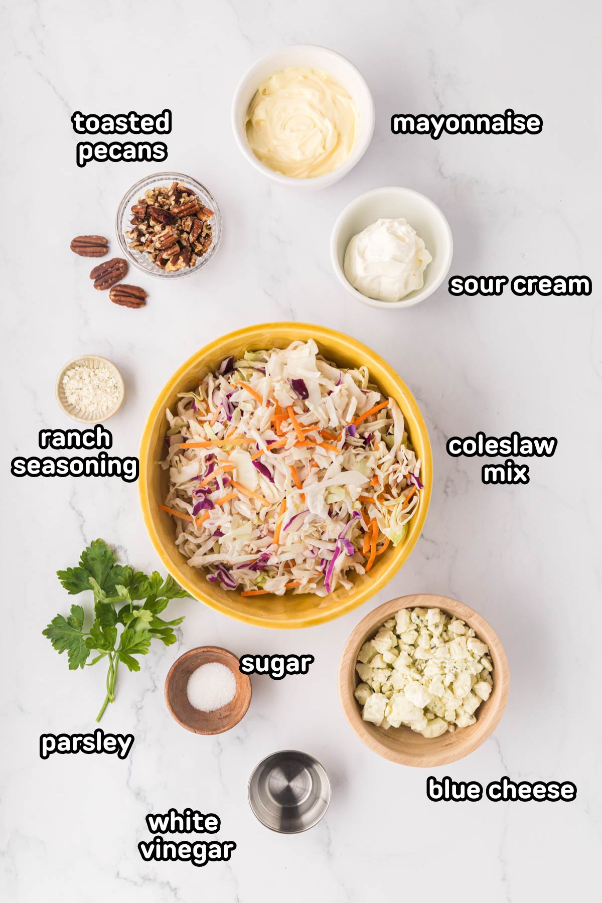 Labeled image of ingredients needed to make blue cheese coleslaw.