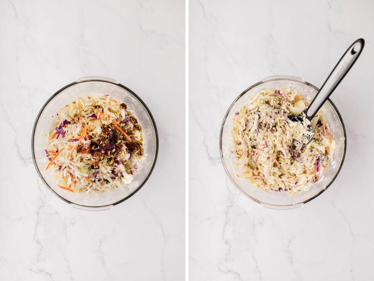Chopped tri color coleslaw and pecans added to dressing.