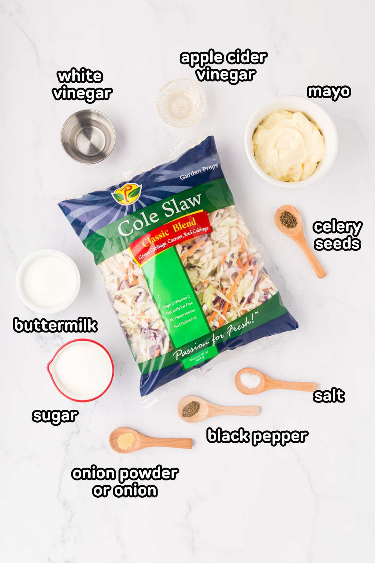Labeled ingredients needed to make classic coleslaw recipe.