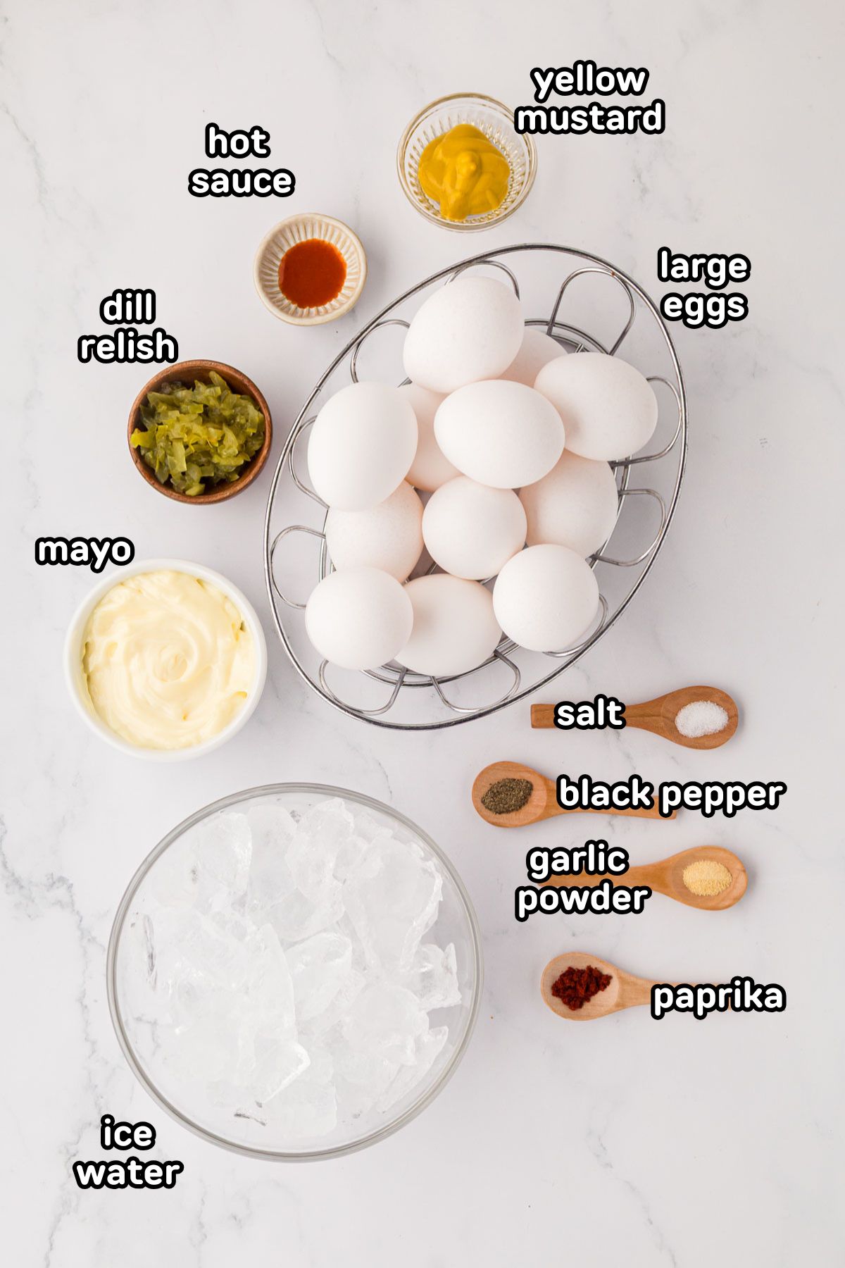 A labeled image of ingredients needed to make deviled eggs.