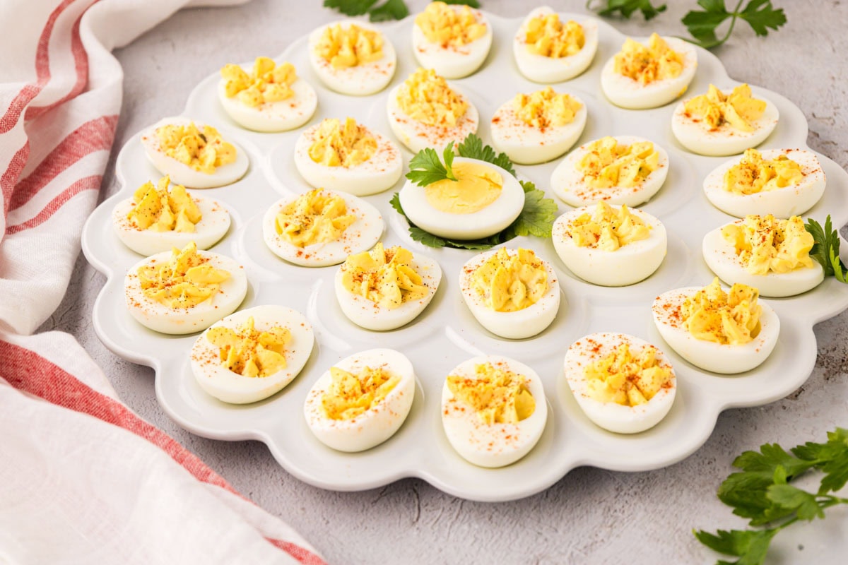 Deviled eggs on a white deviled egg tray.