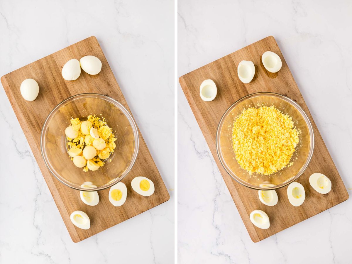 A side by side image of bowl of egg yolks and them mashed.