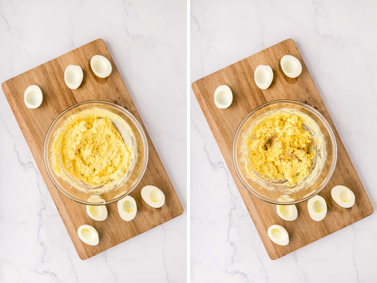 A side-by-side image of mixture added to mashed boiled egg yolks, and then salt and pepper added.