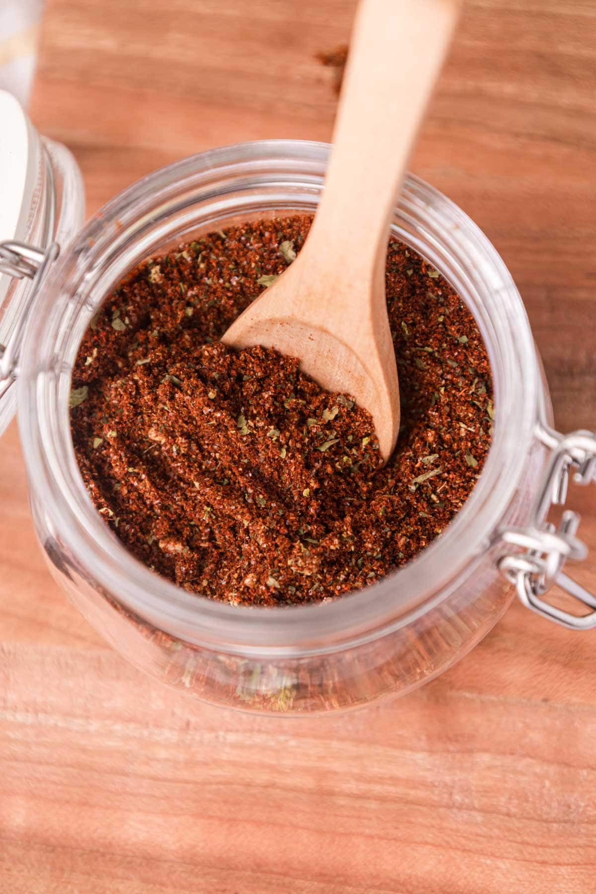 Elote seasoning in a glass jar.