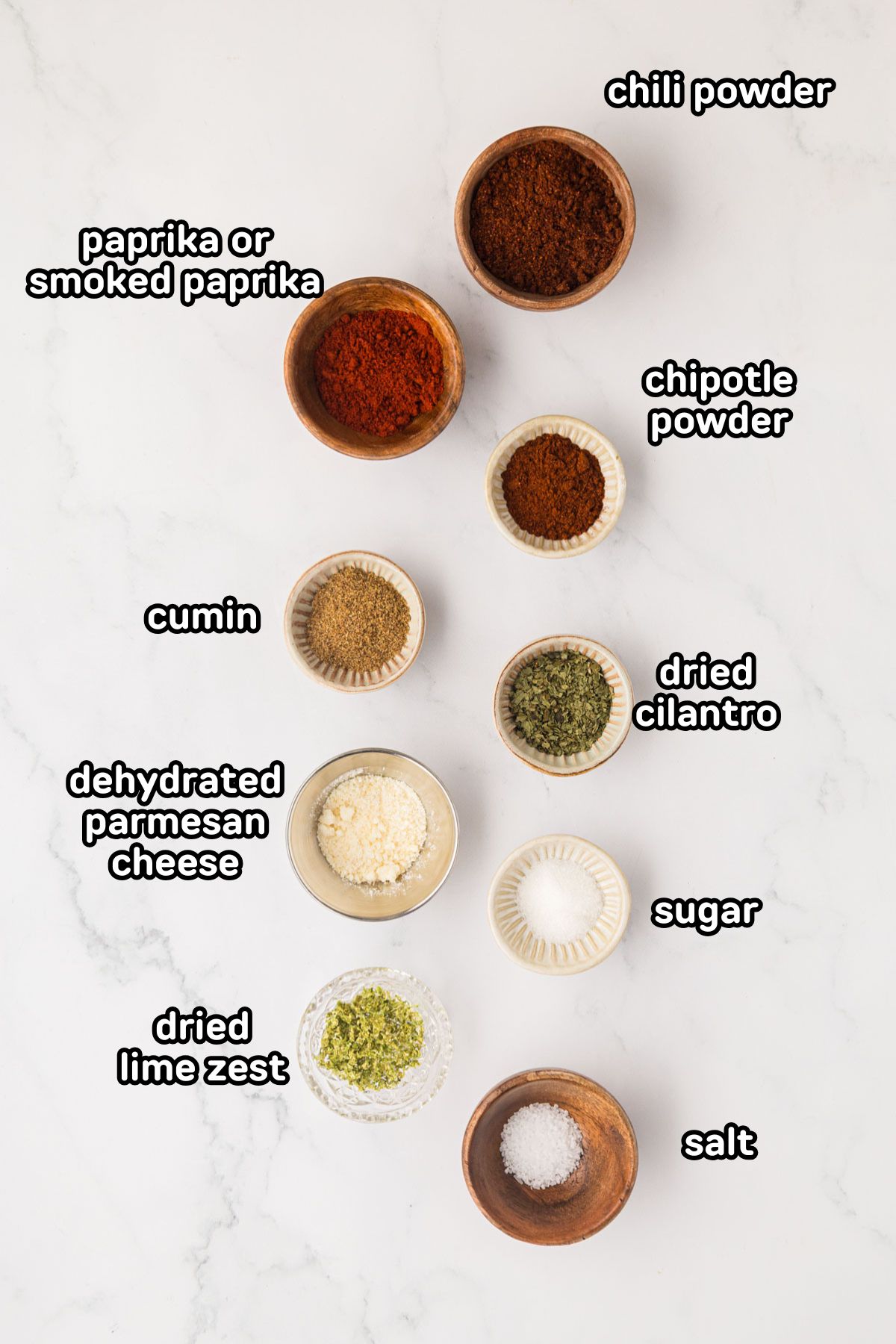 Labeled ingredients needed to make elote seasoning.