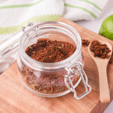 Elote seasoning in a glass jar.