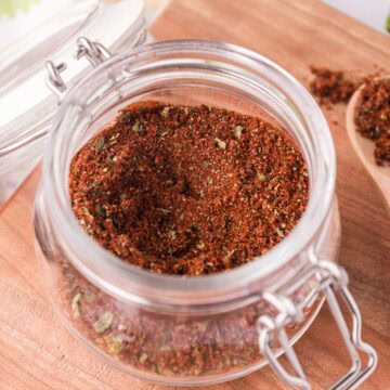 Elote seasoning in a glass jar.
