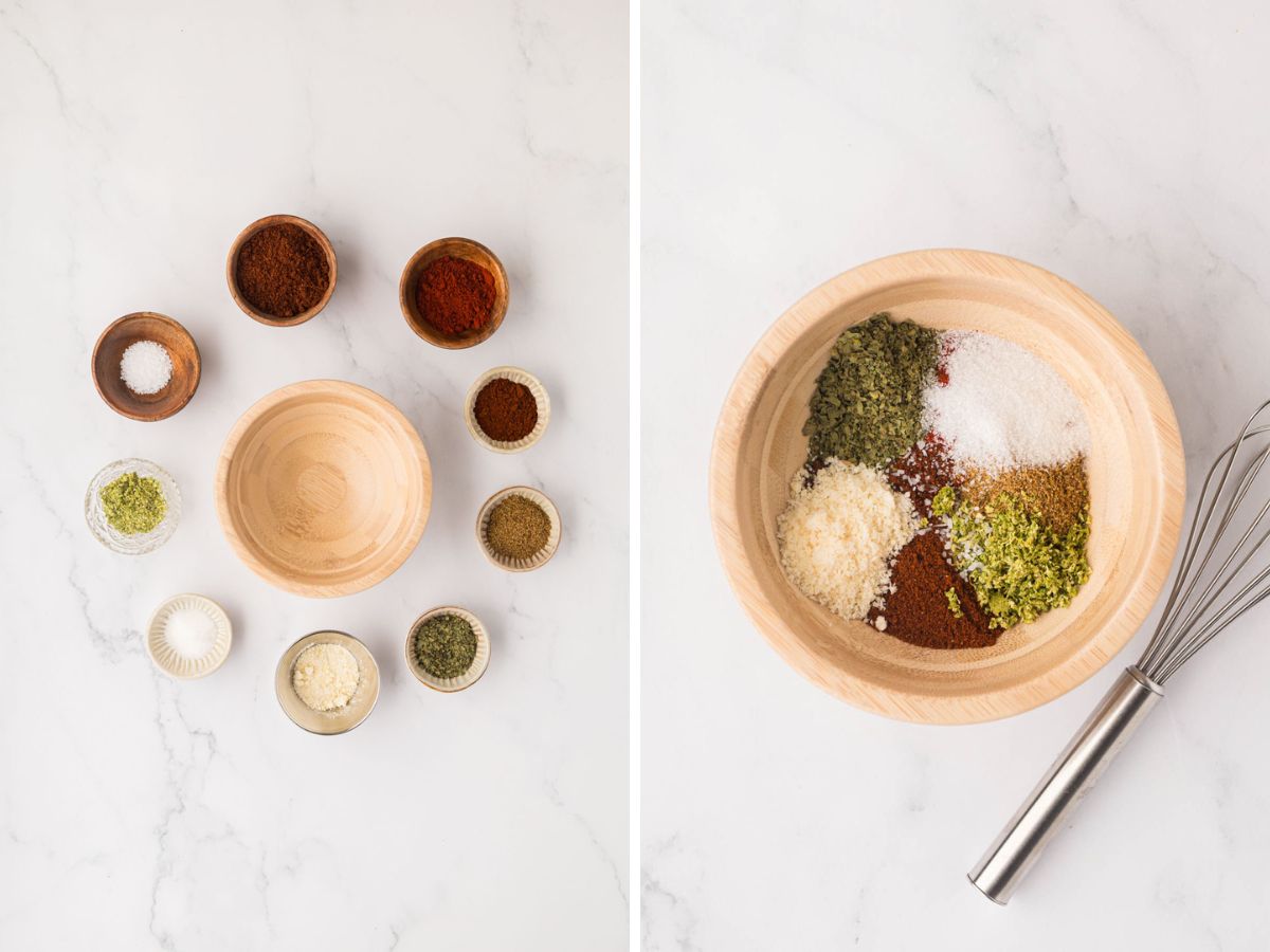 A side-by-side image of spices measured out around a bowl and then added to the bowl.