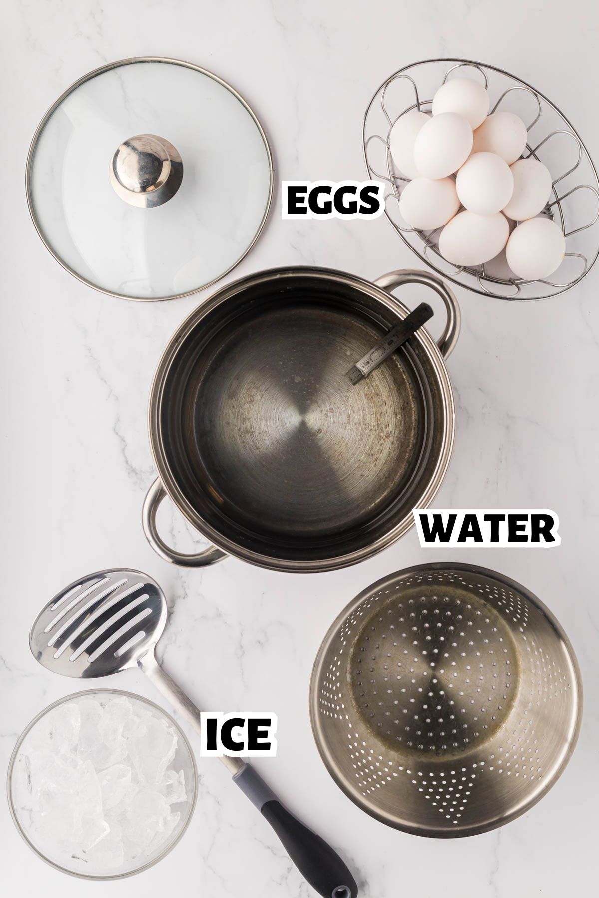 A labeled image of ingredient needed to steam eggs.