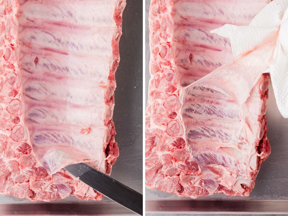 A knife lifting the membrane from ribs and then pulling the membrane off.