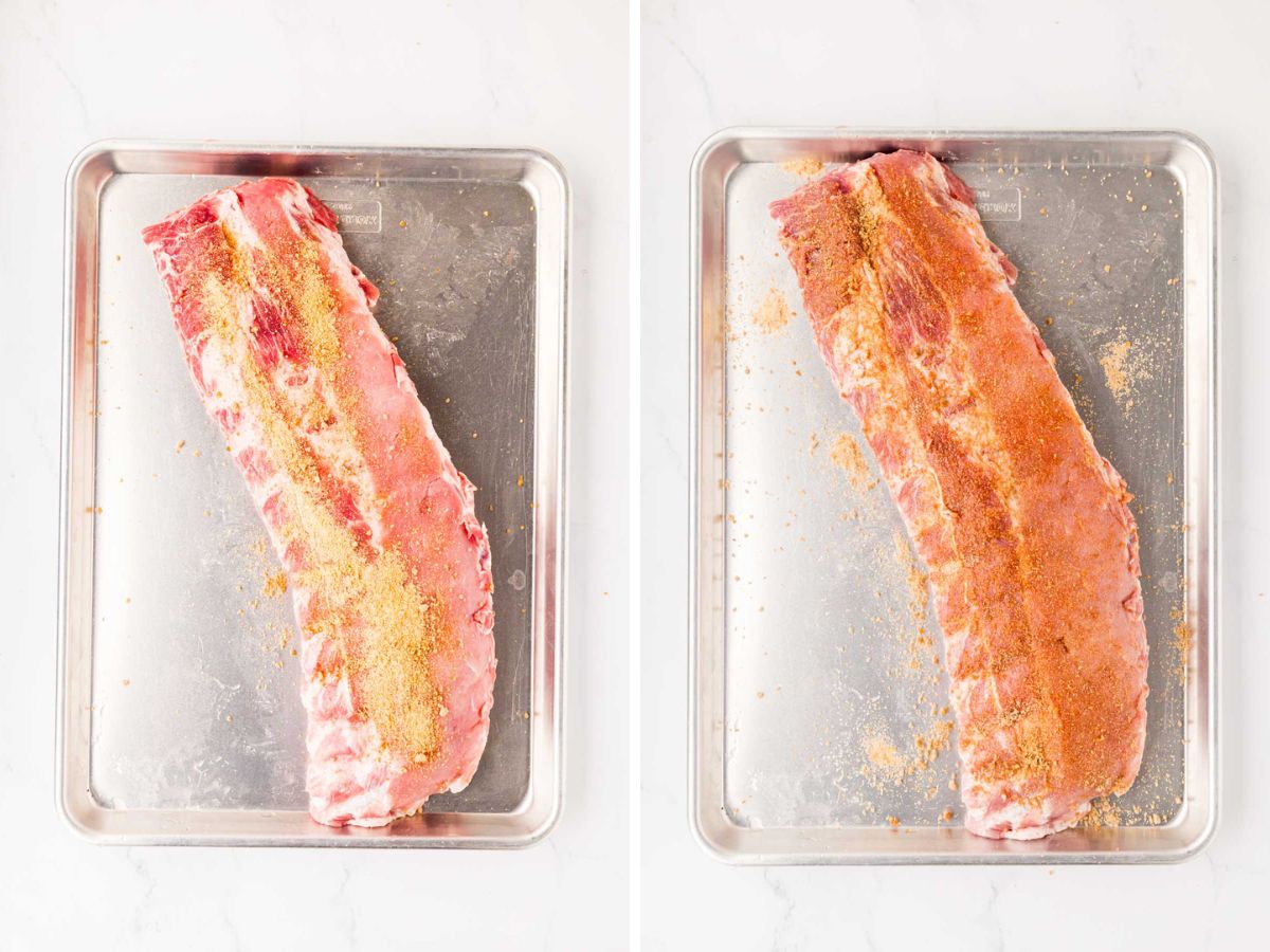 Seasoning added to ribs on a baking tray.