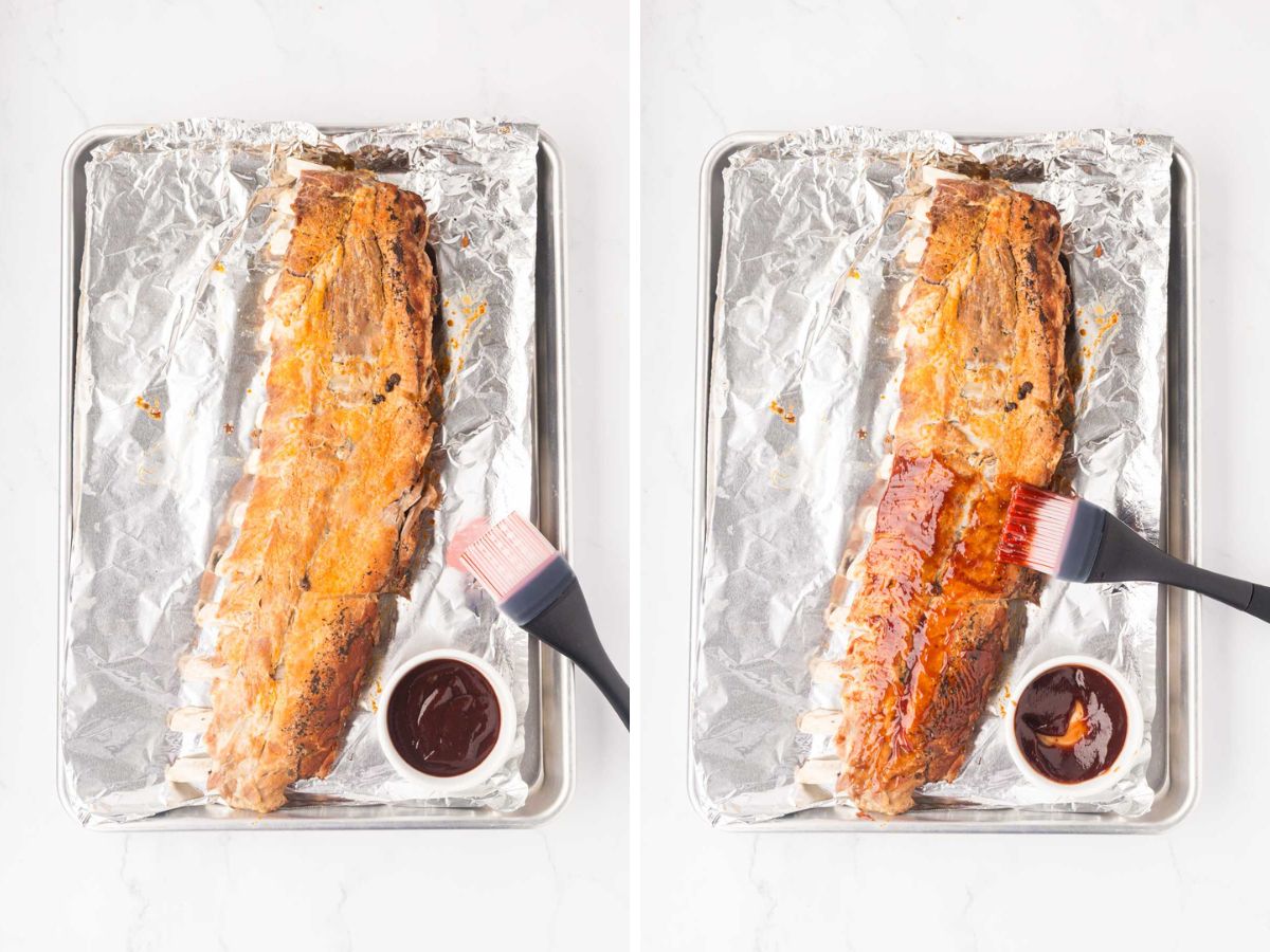 Brushing bbq sauce on ribs.