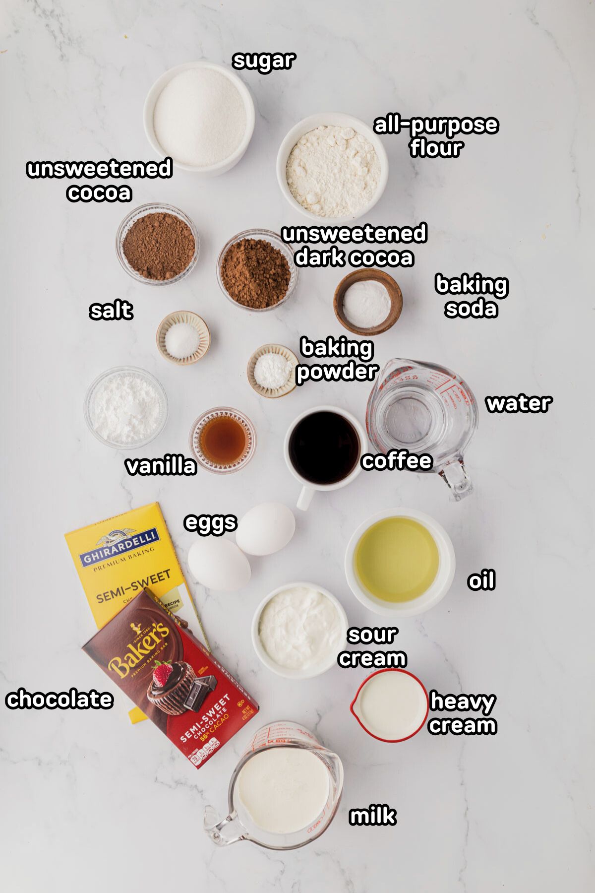 Label image of ingredients needed for triple chocolate layered cake.