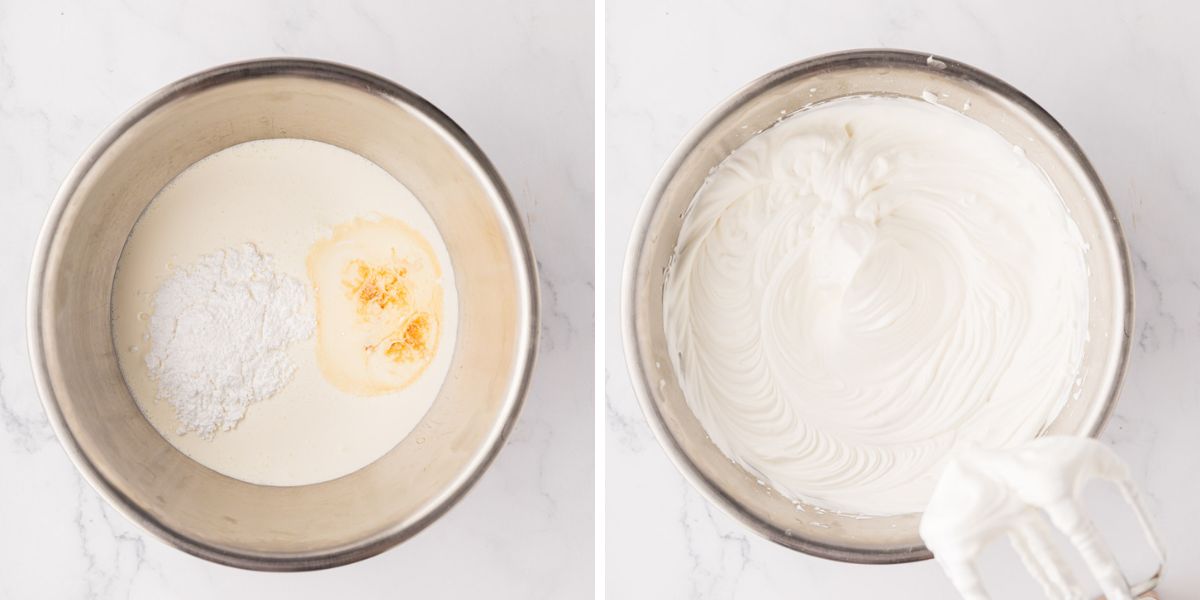 Whipping cream, powdered sugar and vanilla added to a stand mixer and beat until stiff peaks.
