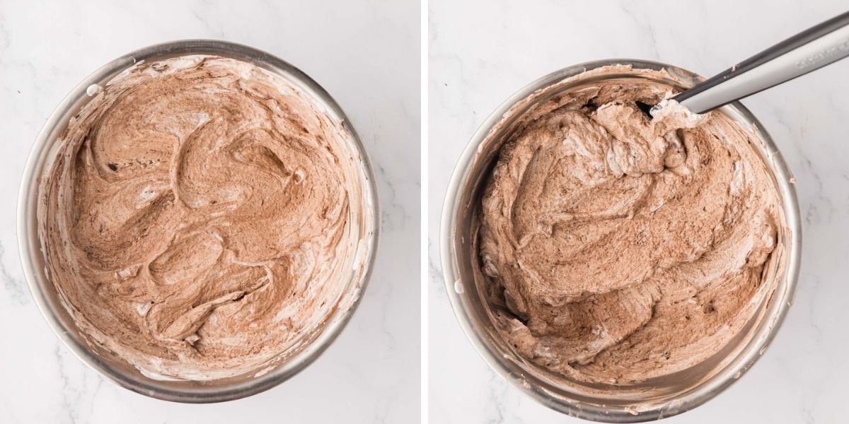 Whipped cream completely combined with chocolate in a bowl.