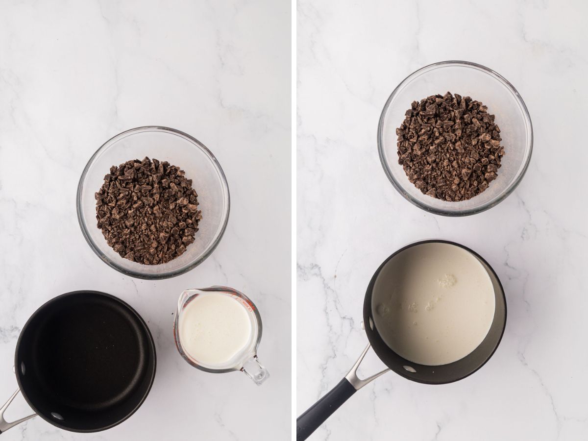 Heavy cream warmed in a pan.