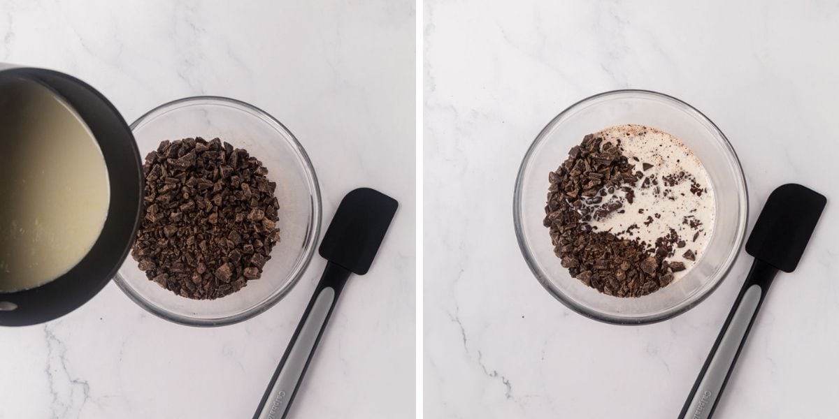 Warmed cream poured over chocolate.