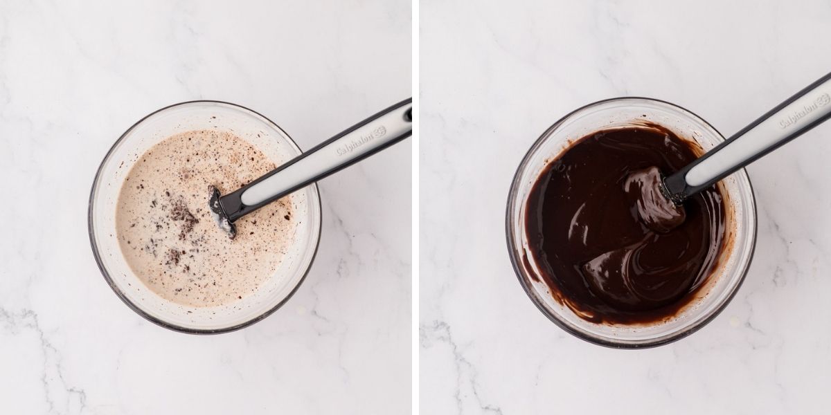 Side-by-side image of a bowl of heavy cream and chocolate stirred, and then it melted completely and combined.