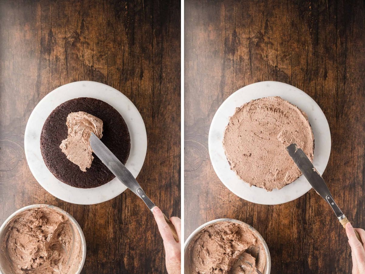 Spreading chocolate mousse layer on two cake.