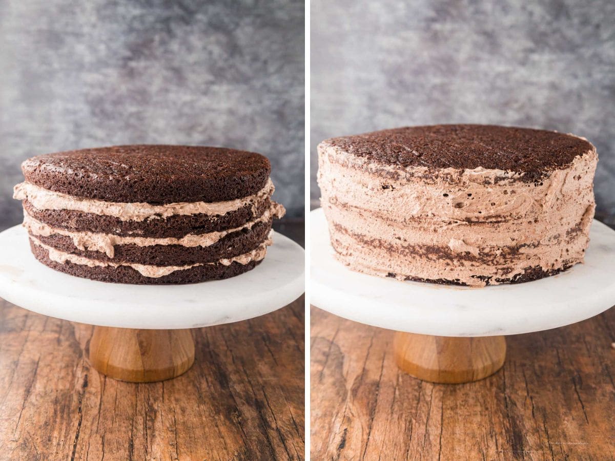 Cake on a pedestal with three of the chocolate mousse layers at it and a crumb layer around the cake.