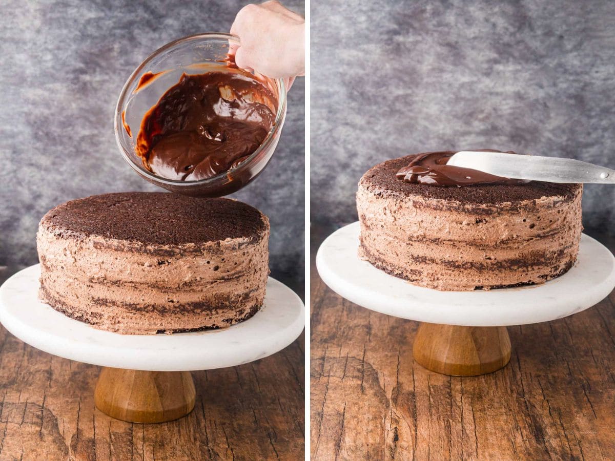 Ganache being poured on top of cake.