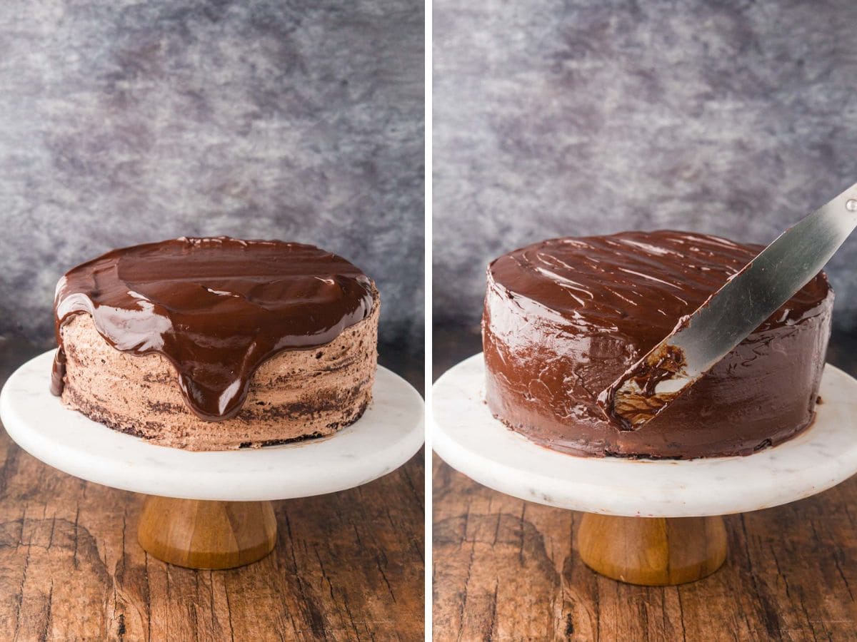 Smoothing the chocolate ganache with a spatula.