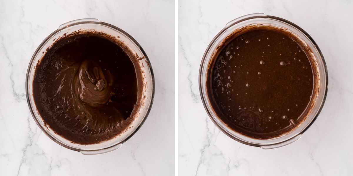 Hot coffee added to cake batter.