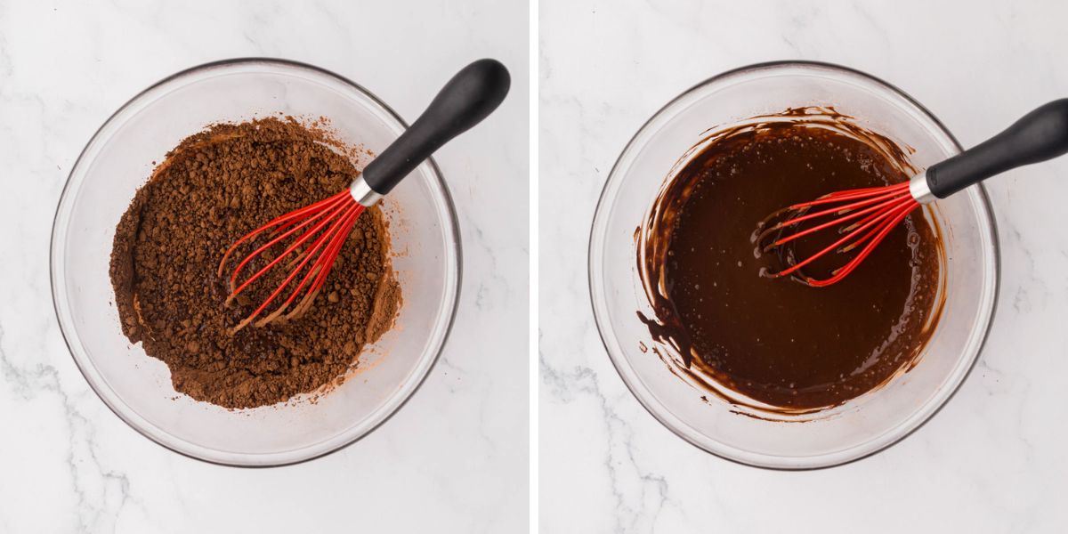 A bowl with cocoa powder, and hot water being whisked together.